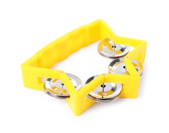 Yellow toy tambourine isolated on white. Child's musical instrument