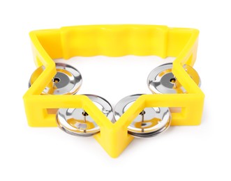 Photo of Yellow toy tambourine isolated on white. Child's musical instrument