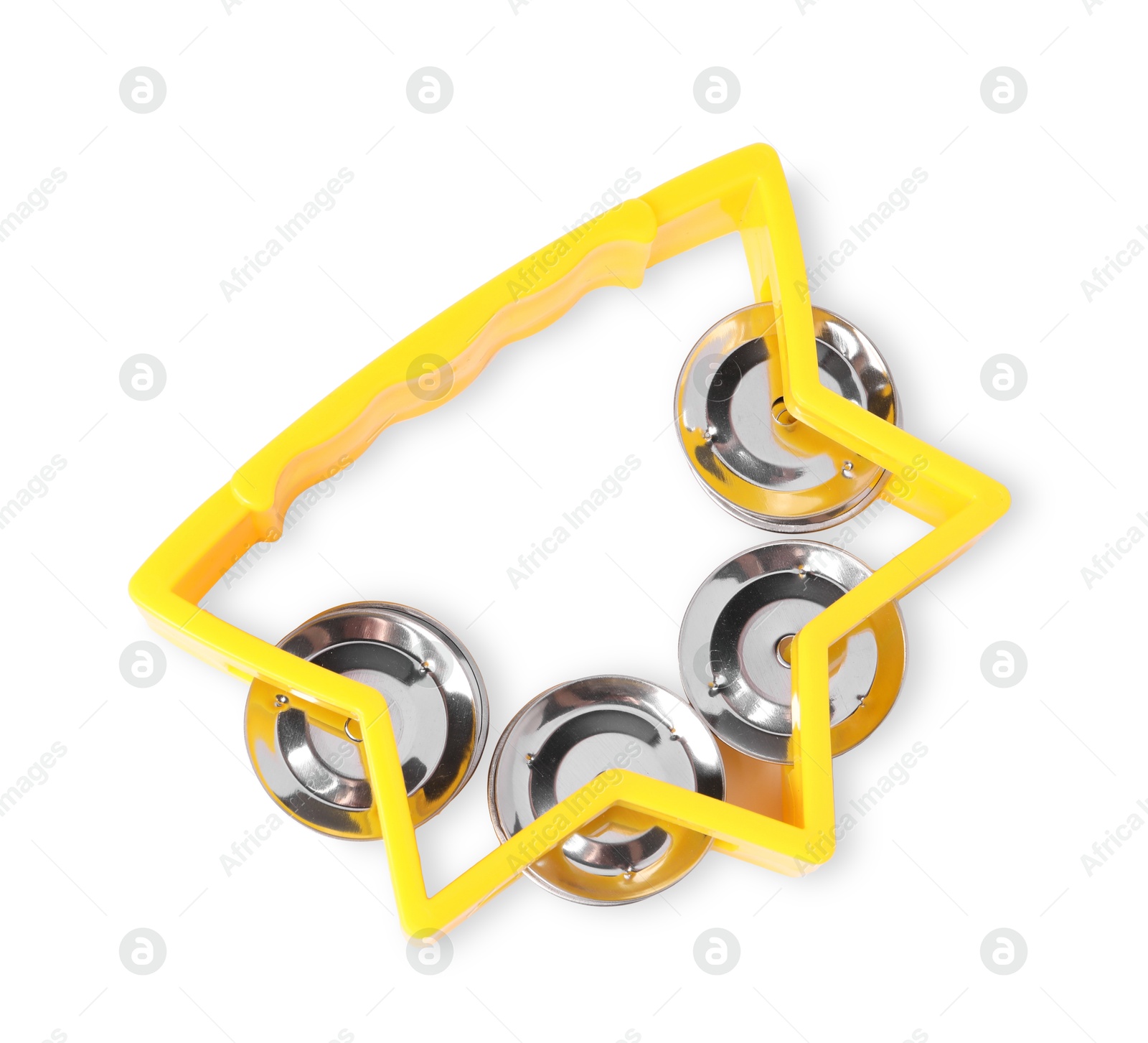 Photo of Yellow toy tambourine isolated on white, top view. Child's musical instrument