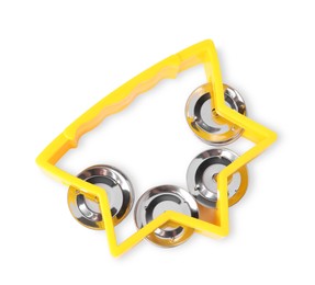 Yellow toy tambourine isolated on white, top view. Child's musical instrument