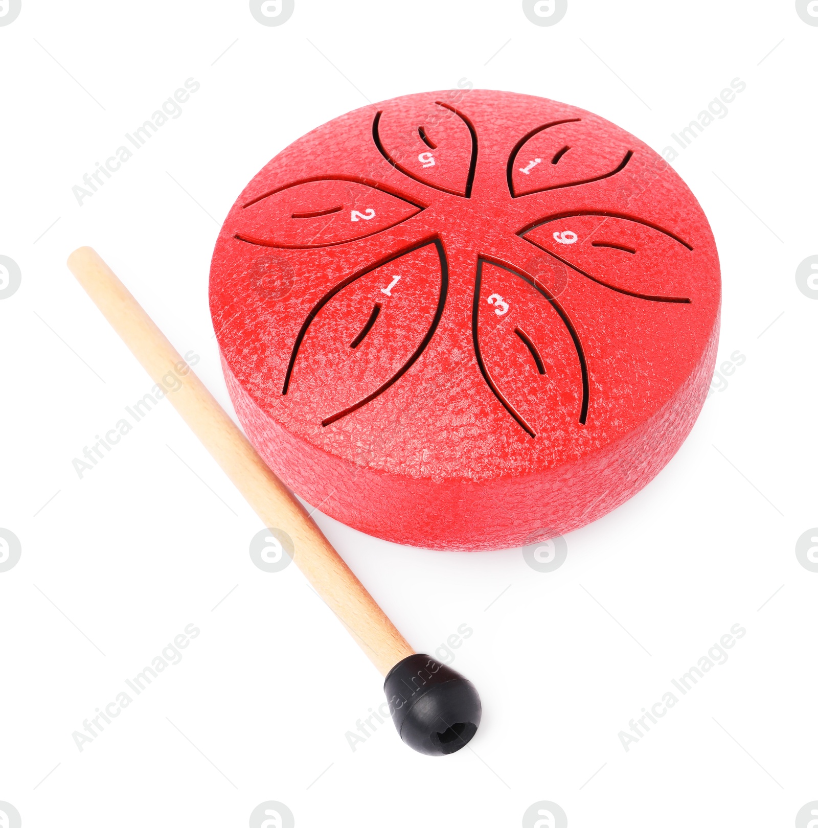 Photo of Toy tongue drum with mallet isolated on white. Child's musical instrument