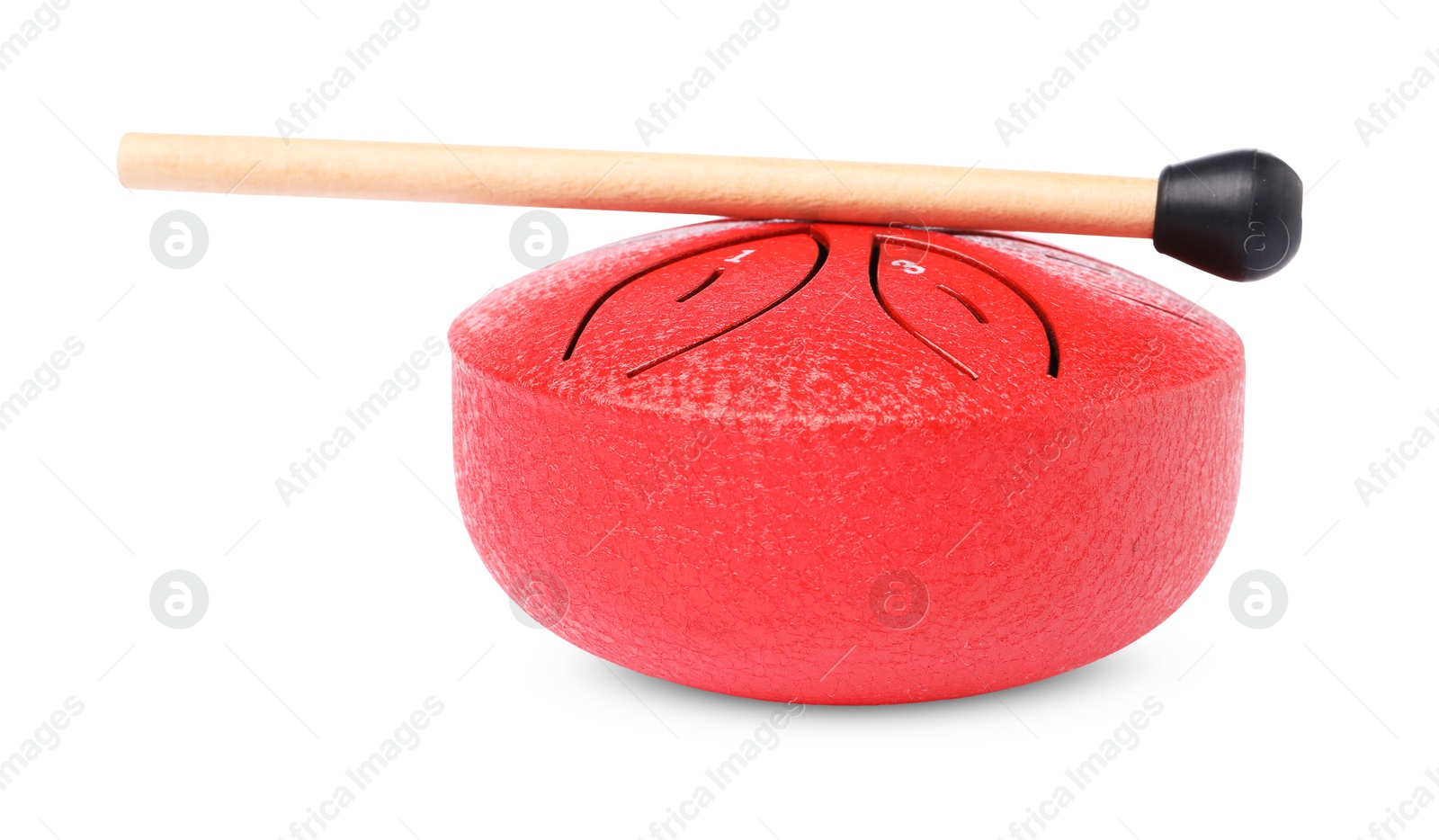 Photo of Toy tongue drum with mallet isolated on white. Child's musical instrument