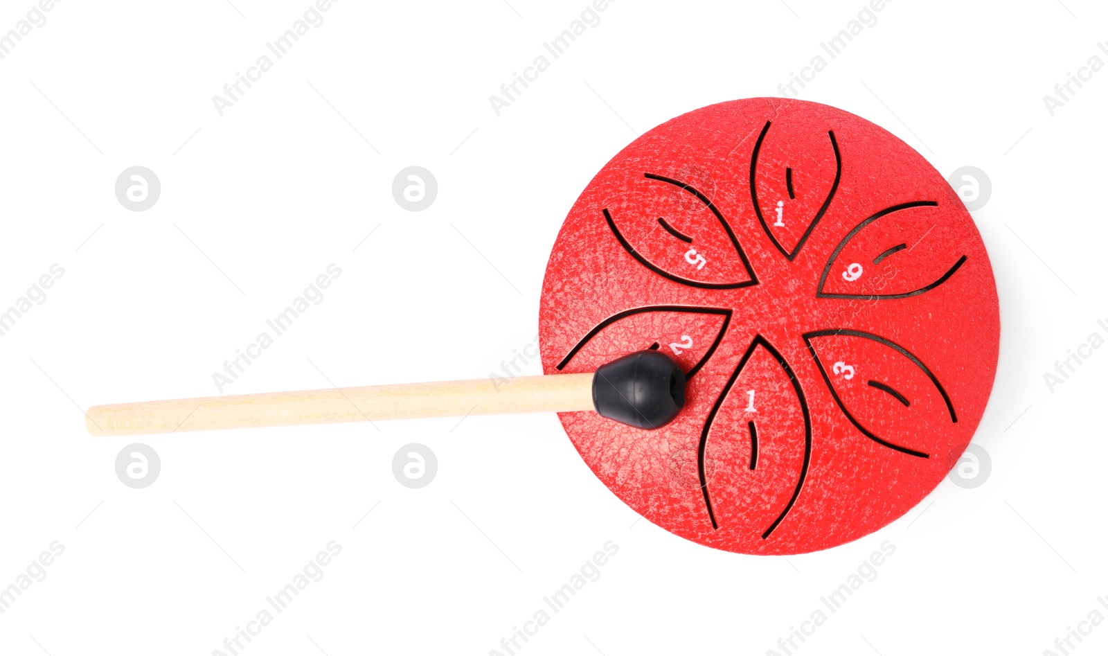 Photo of Toy tongue drum with mallet isolated on white, top view. Child's musical instrument