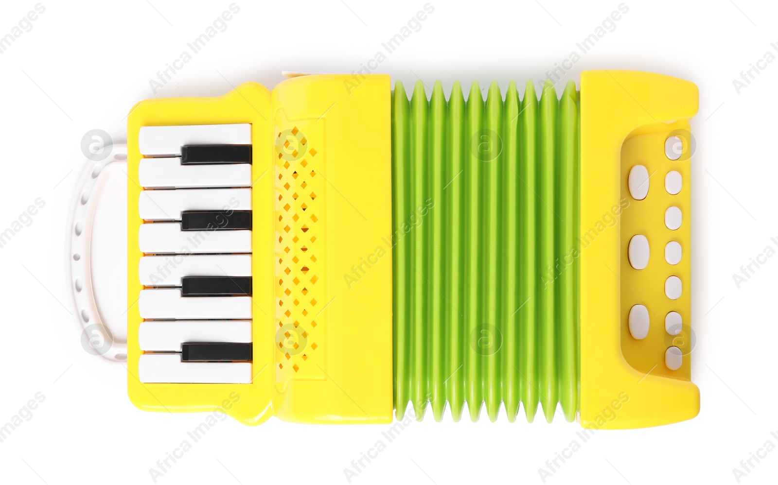 Photo of Toy accordion isolated on white, top view. Child's musical instrument