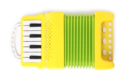 Toy accordion isolated on white, top view. Child's musical instrument