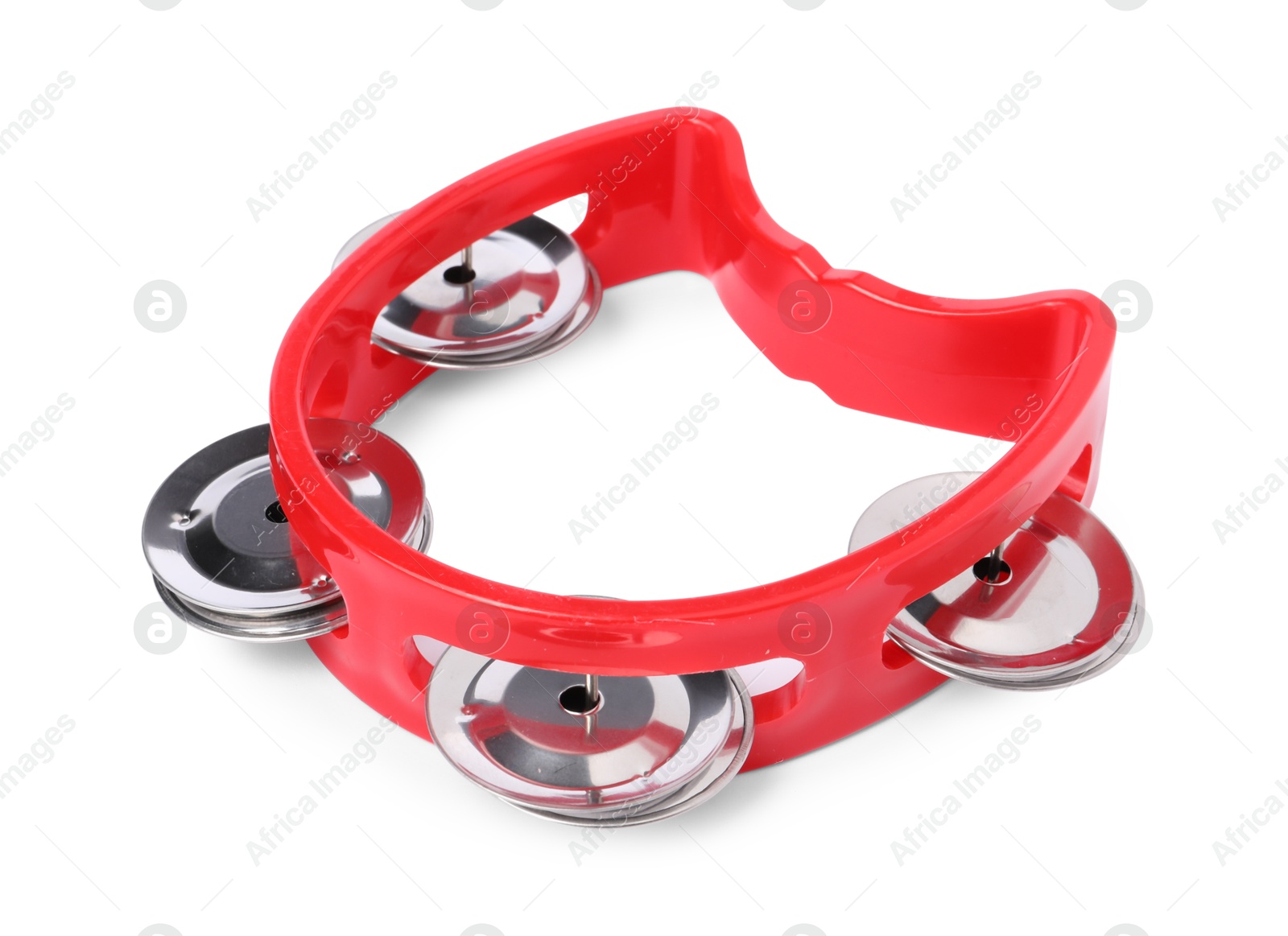 Photo of Red toy tambourine isolated on white. Child's musical instrument