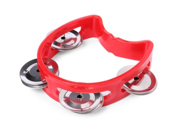 Red toy tambourine isolated on white. Child's musical instrument