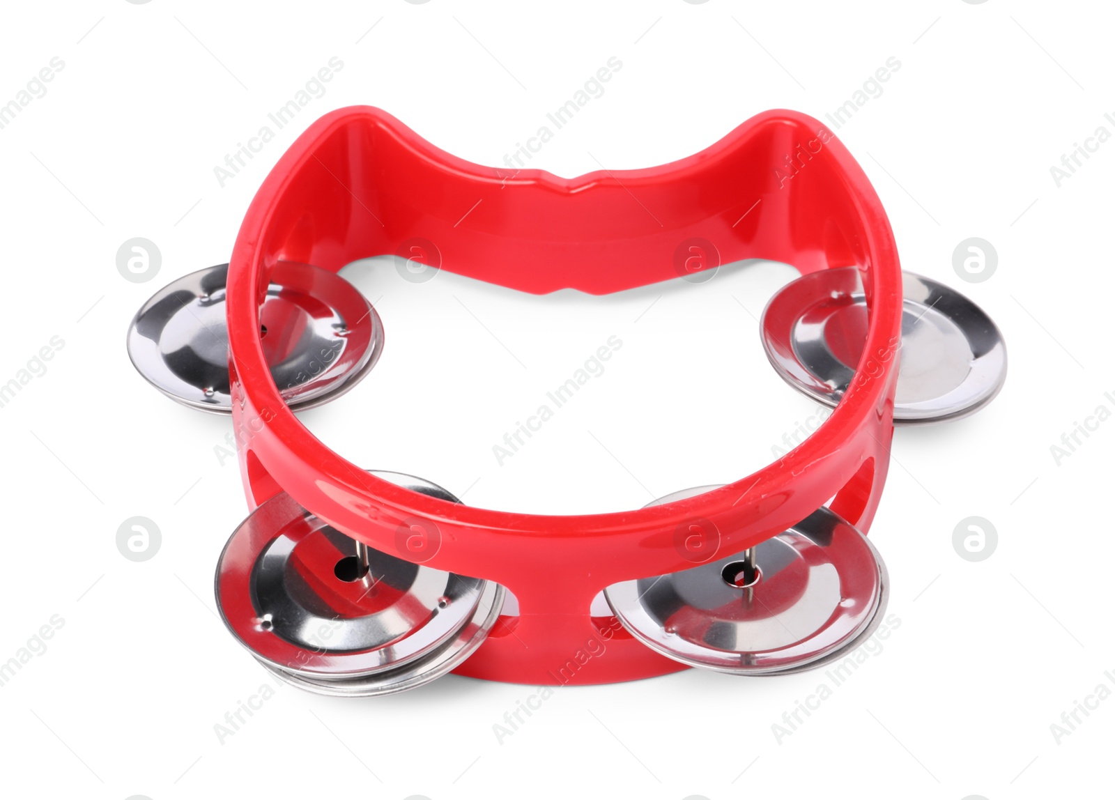 Photo of Red toy tambourine isolated on white. Child's musical instrument