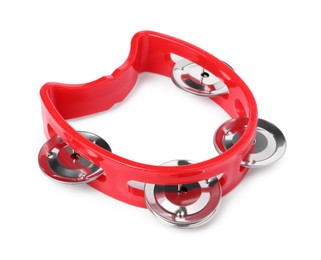 Photo of Red toy tambourine isolated on white. Child's musical instrument