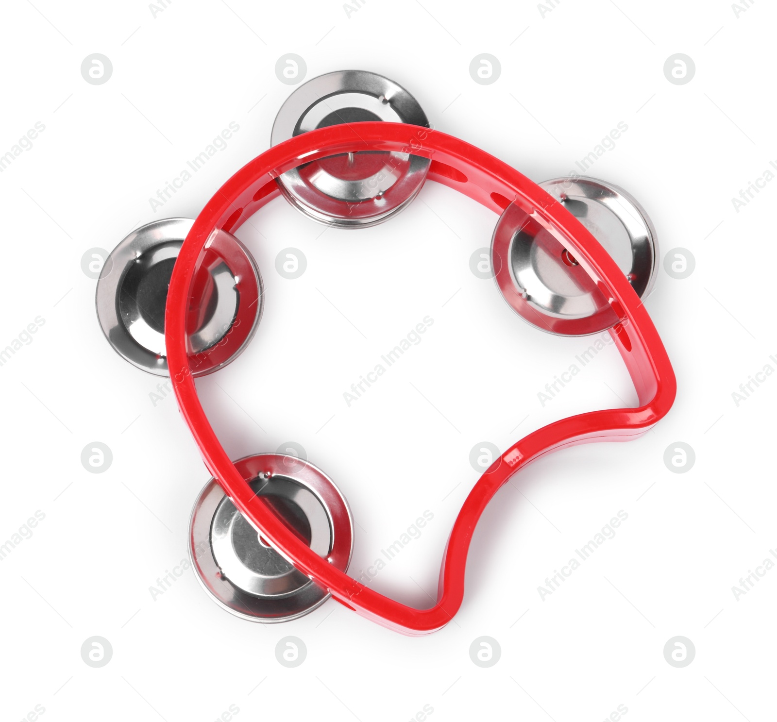 Photo of Red toy tambourine isolated on white, top view. Child's musical instrument