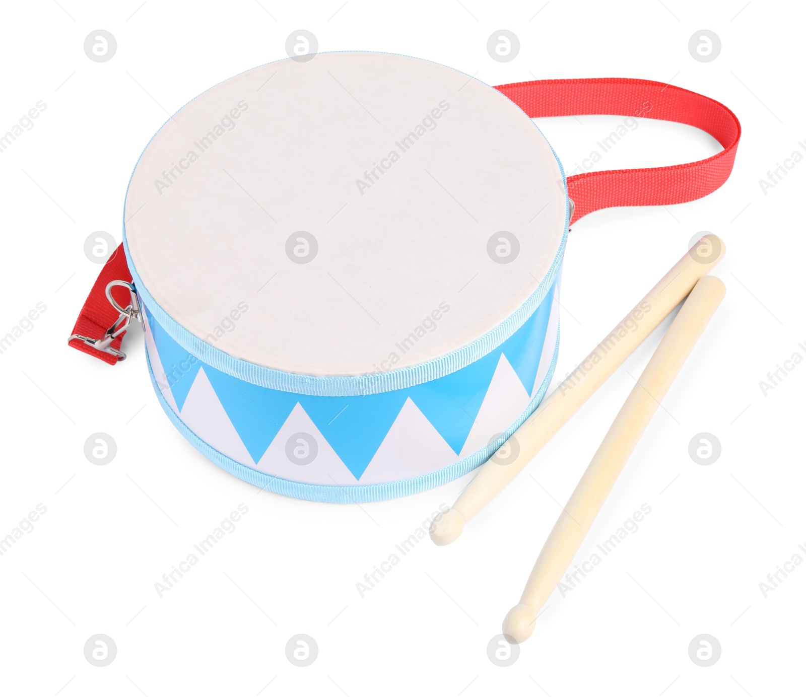 Photo of Toy drum with drumsticks isolated on white. Child's musical instrument