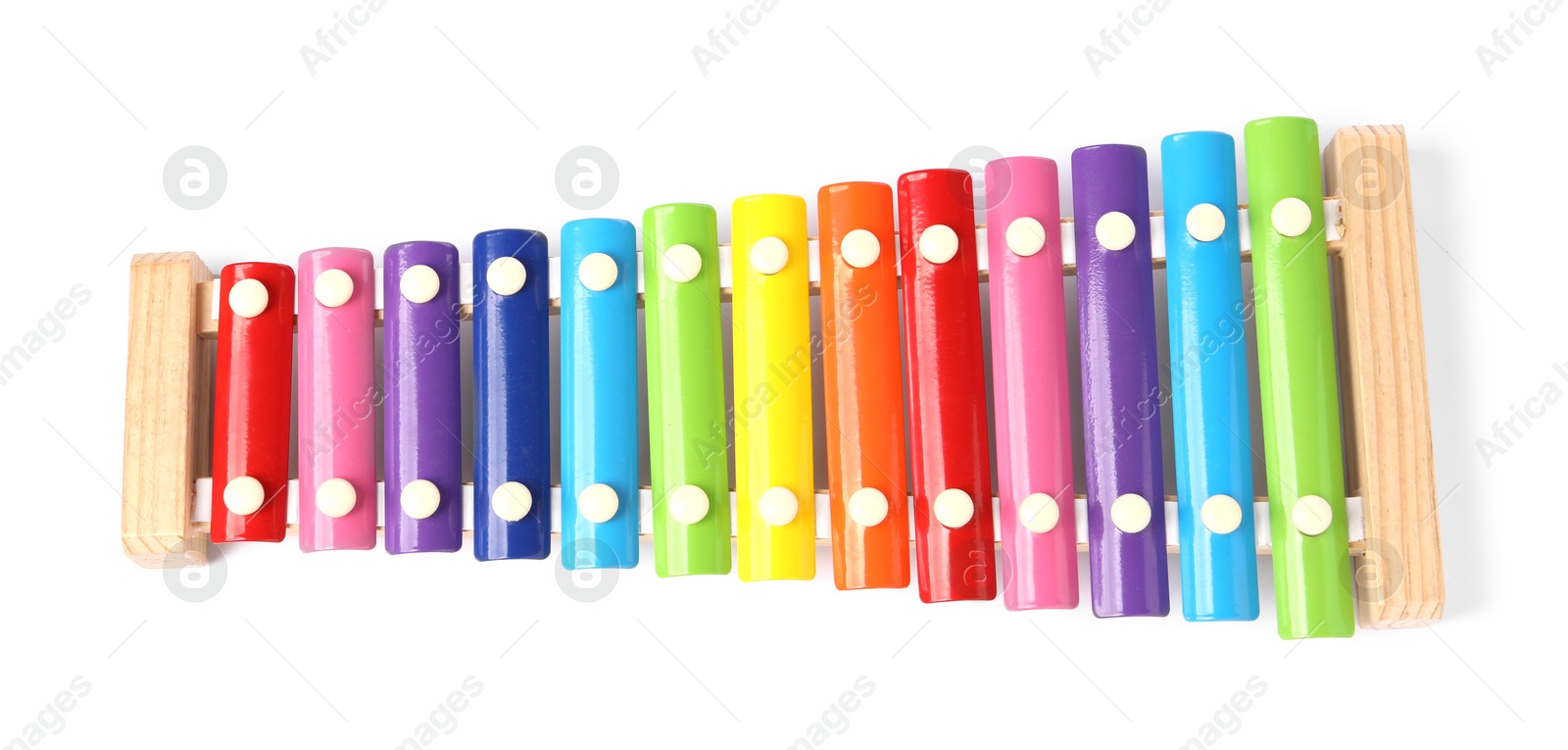 Photo of Colorful toy xylophone isolated on white, top view. Child's musical instrument