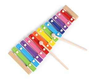 Colorful toy xylophone isolated on white, top view. Child's musical instrument