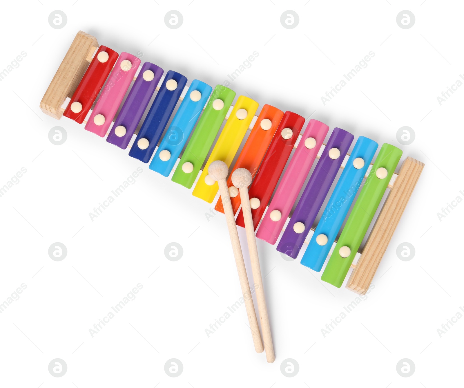 Photo of Colorful toy xylophone isolated on white, top view. Child's musical instrument