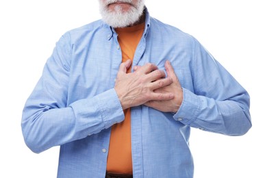 Photo of Heart attack. Senior man suffering from pain in chest on white background, closeup