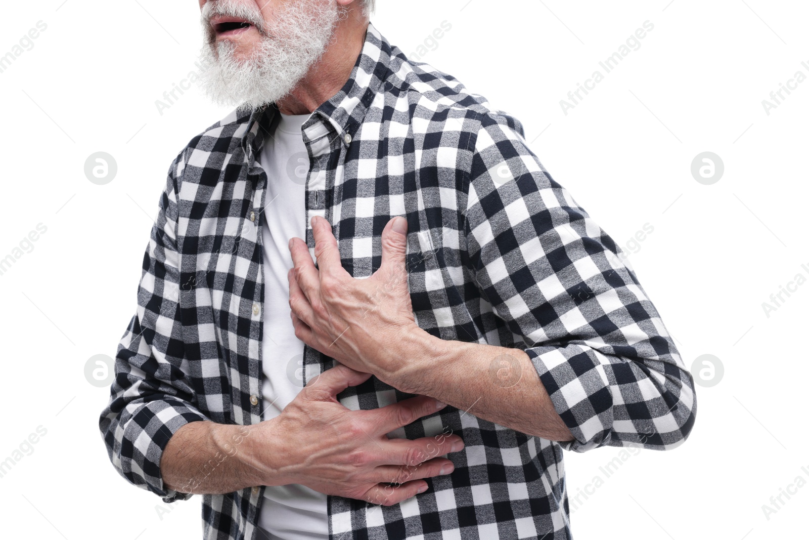 Photo of Heart attack. Senior man suffering from pain in chest on white background, closeup