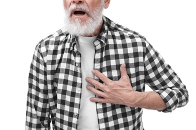 Photo of Heart attack. Senior man suffering from pain in chest on white background, closeup