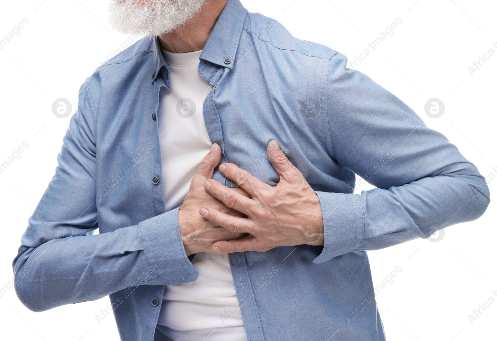 Photo of Heart attack. Senior man suffering from pain in chest on white background, closeup