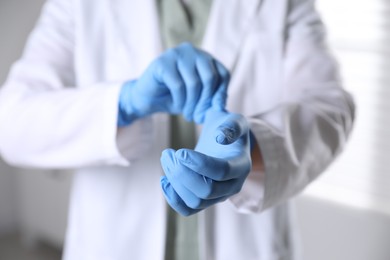 Photo of Medical worker putting on gloves in hospital, closeup