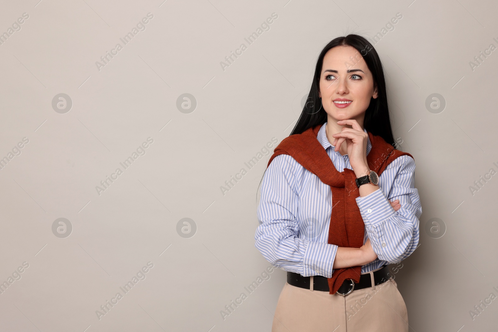 Photo of Portrait of English teacher on light grey background. Space for text