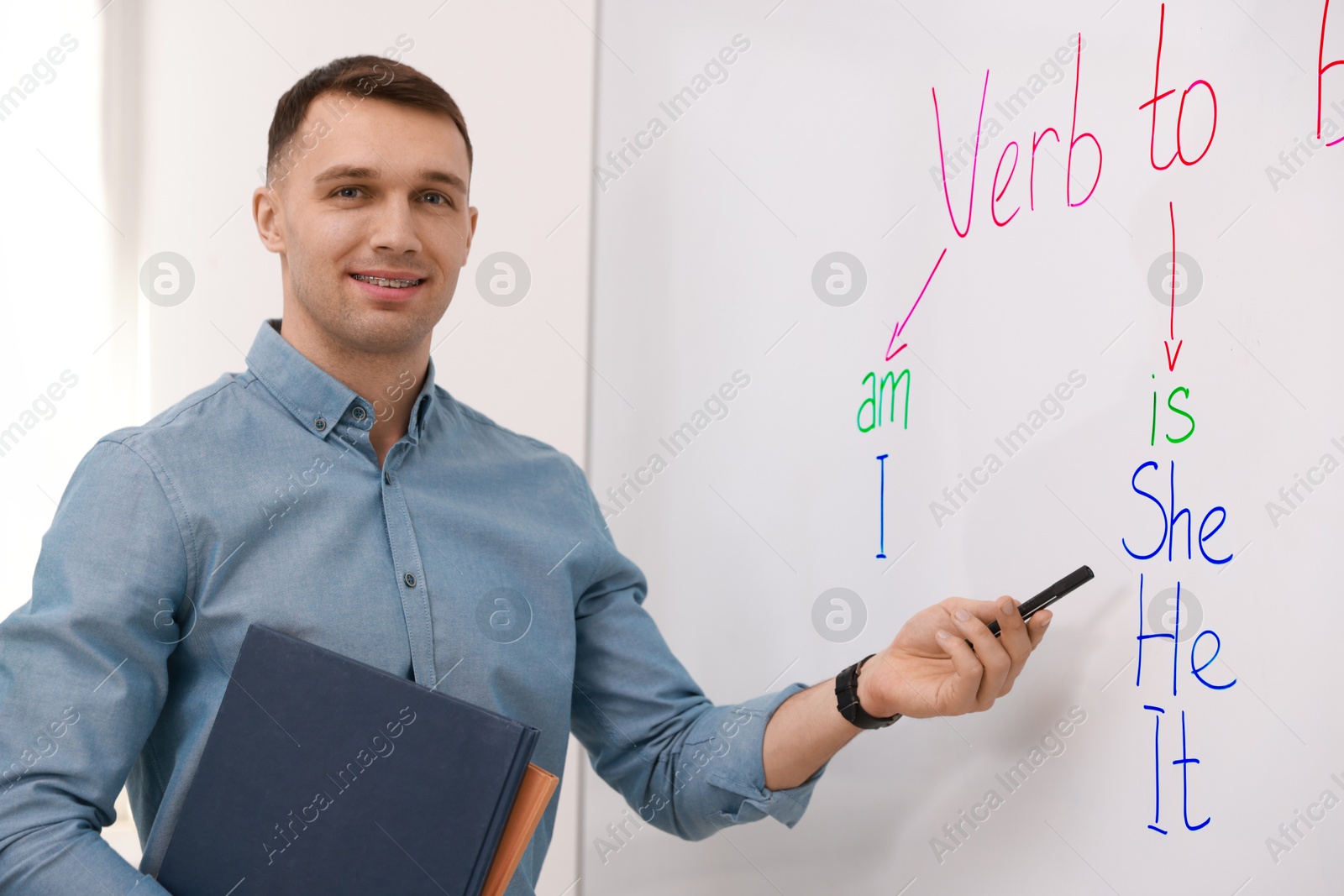 Photo of English teacher explaining verb to be at whiteboard in classroom