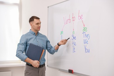 Photo of English teacher explaining verb to be at whiteboard in classroom