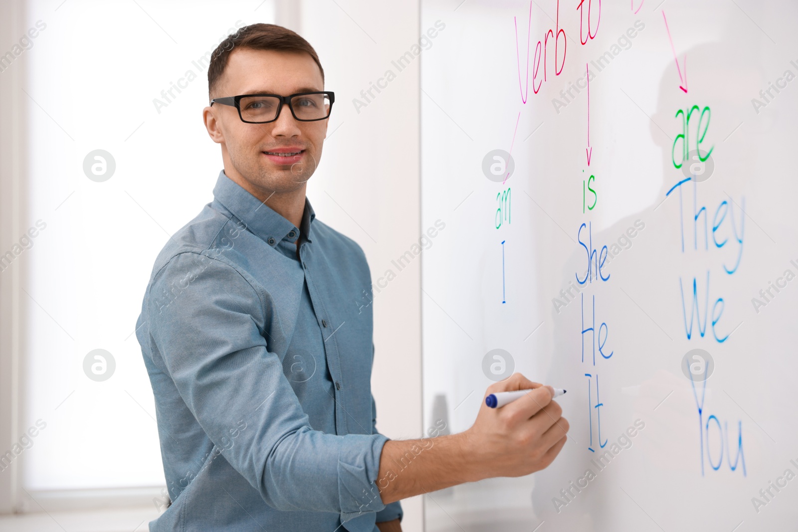 Photo of English teacher explaining verb to be at whiteboard in classroom