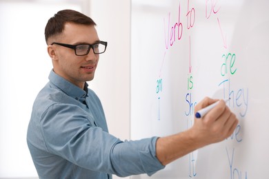 Photo of English teacher explaining verb to be at whiteboard in classroom