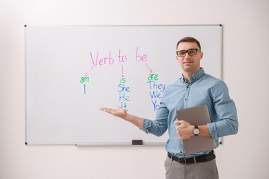 Photo of English teacher explaining verb to be at whiteboard in classroom