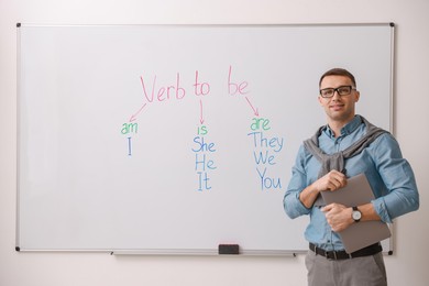 Photo of English teacher explaining verb to be at whiteboard in classroom