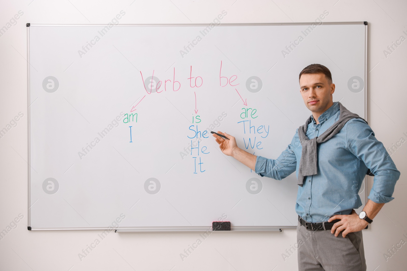 Photo of English teacher explaining verb to be at whiteboard in classroom