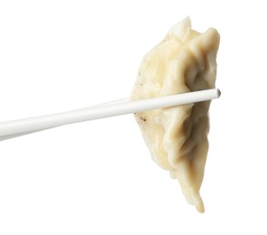 Chopsticks with tasty boiled gyoza (dumpling) on white background