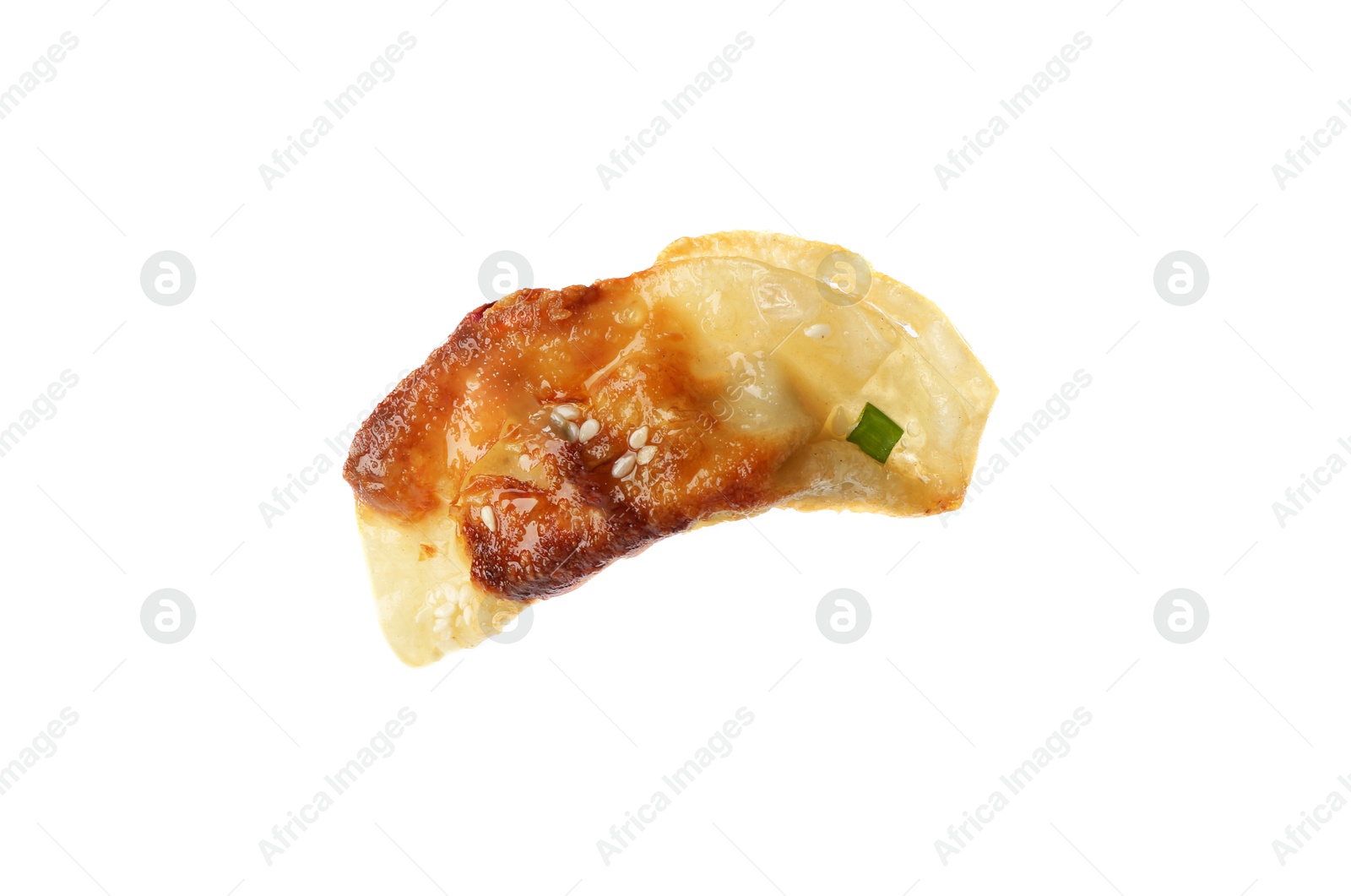 Photo of Holding tasty fried gyoza (dumpling) with chopsticks isolated on white