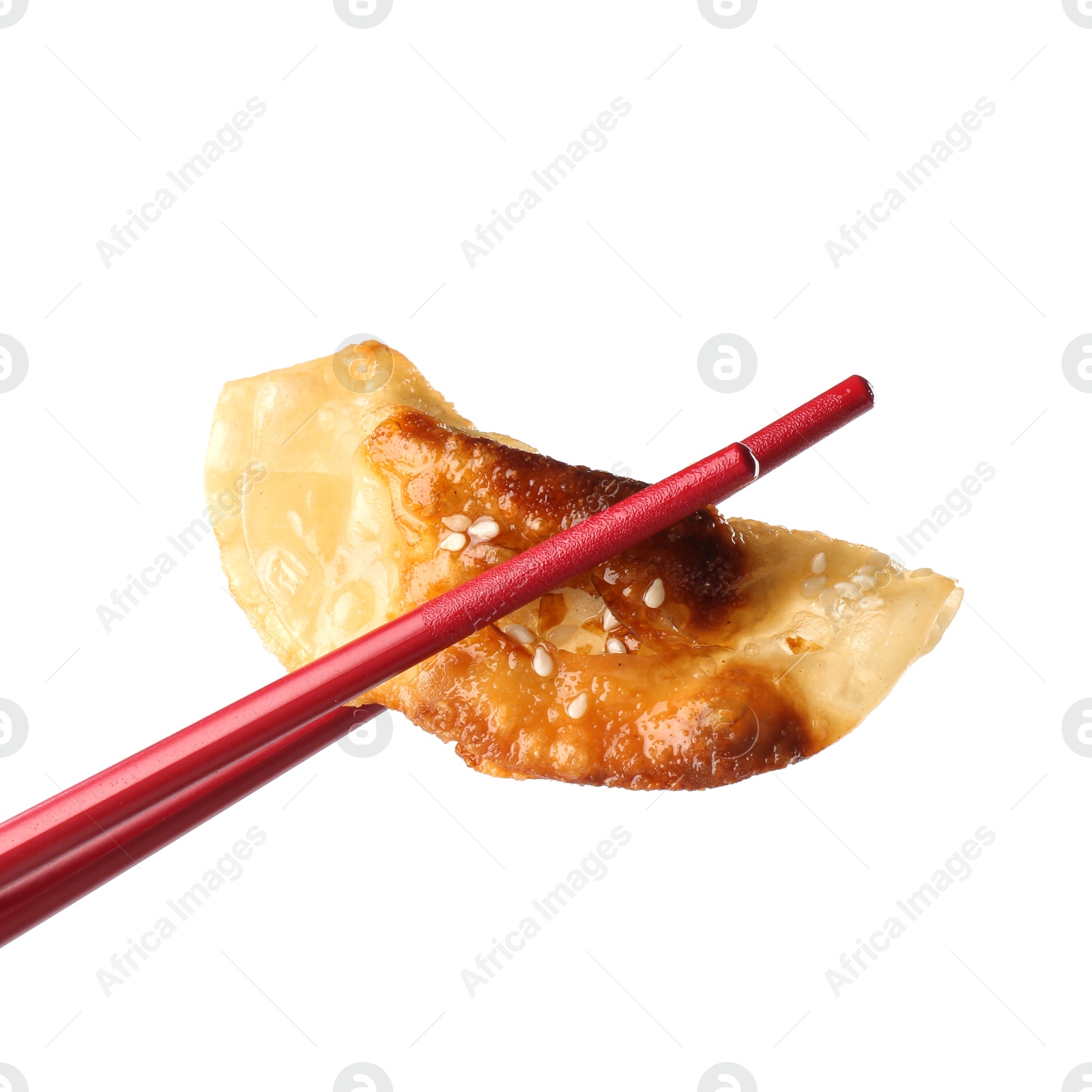 Photo of Holding tasty fried gyoza (dumpling) with chopsticks isolated on white