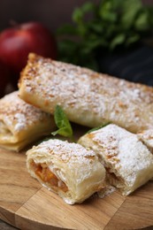 Photo of Tasty apple strudels with powdered sugar and mint on table, closeup