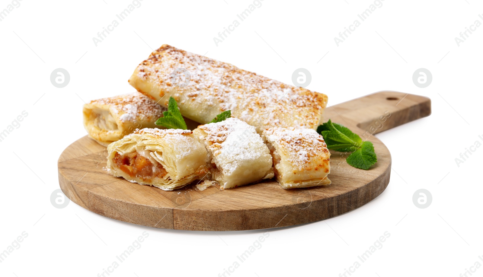 Photo of Tasty apple strudels with powdered sugar and mint isolated on white