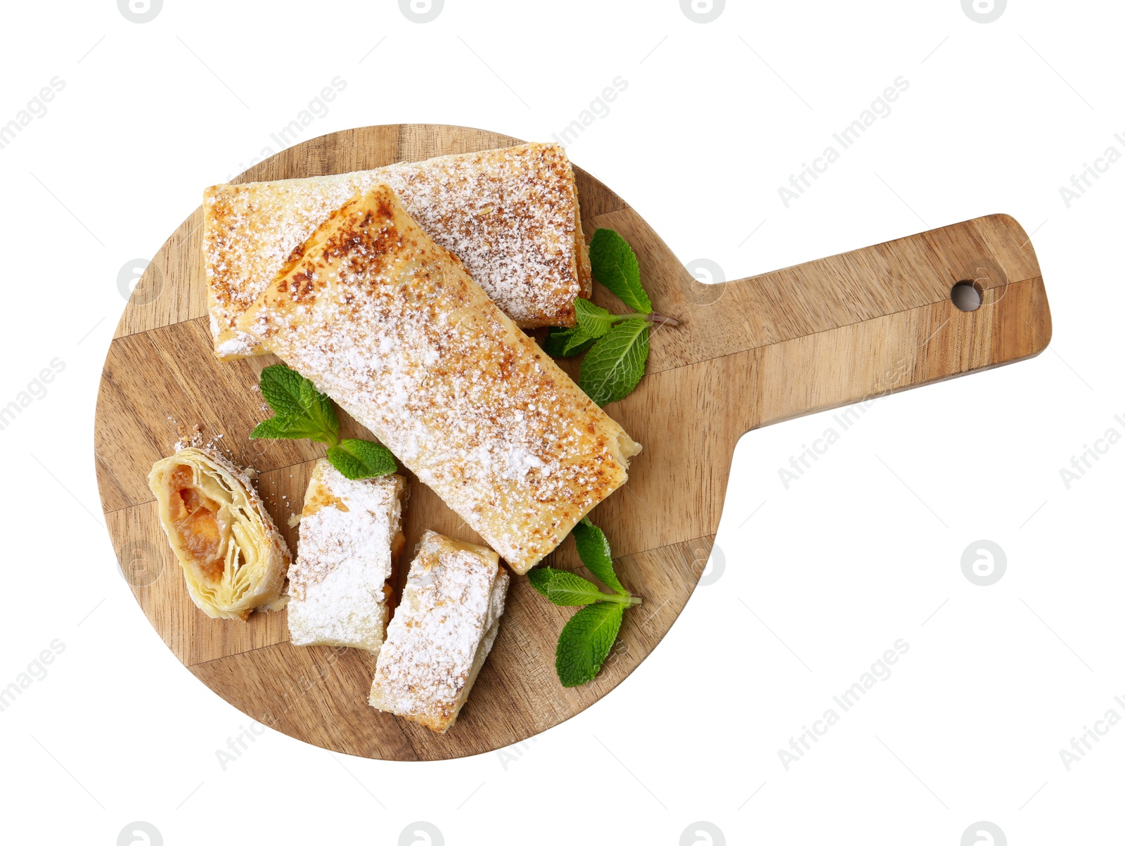 Photo of Tasty apple strudels with powdered sugar and mint isolated on white, top view