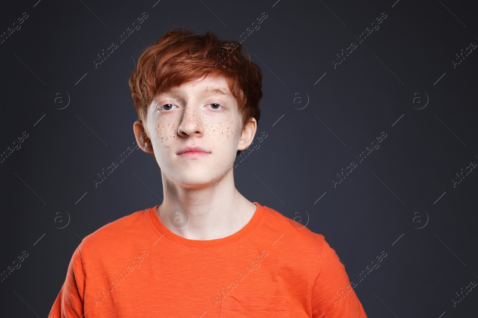 Photo of Portrait of cute teenage boy with freckles on dark background