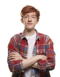 Photo of Portrait of cute teenage boy with freckles on white background