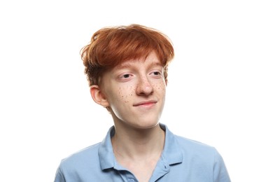 Photo of Teenage boy with freckles on white background