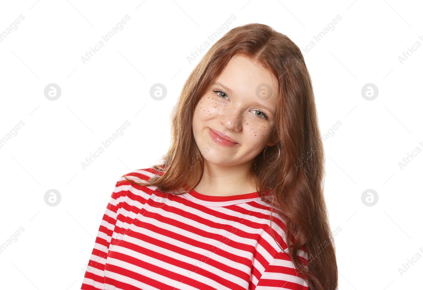 Photo of Beautiful teenage girl with freckles on white background