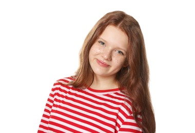 Beautiful teenage girl with freckles on white background