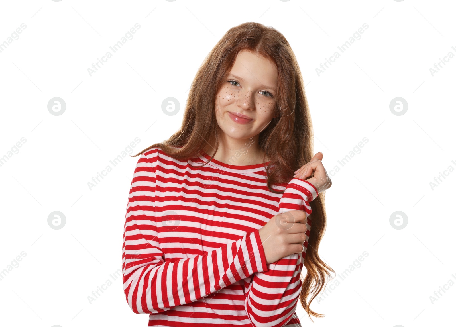 Photo of Beautiful teenage girl with freckles on white background