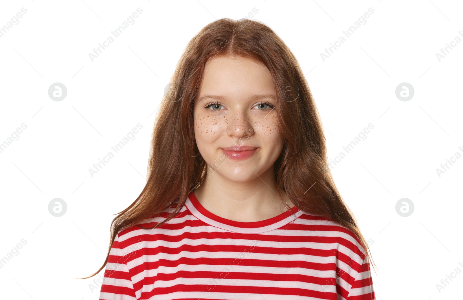 Photo of Beautiful teenage girl with freckles on white background