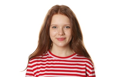 Photo of Beautiful teenage girl with freckles on white background