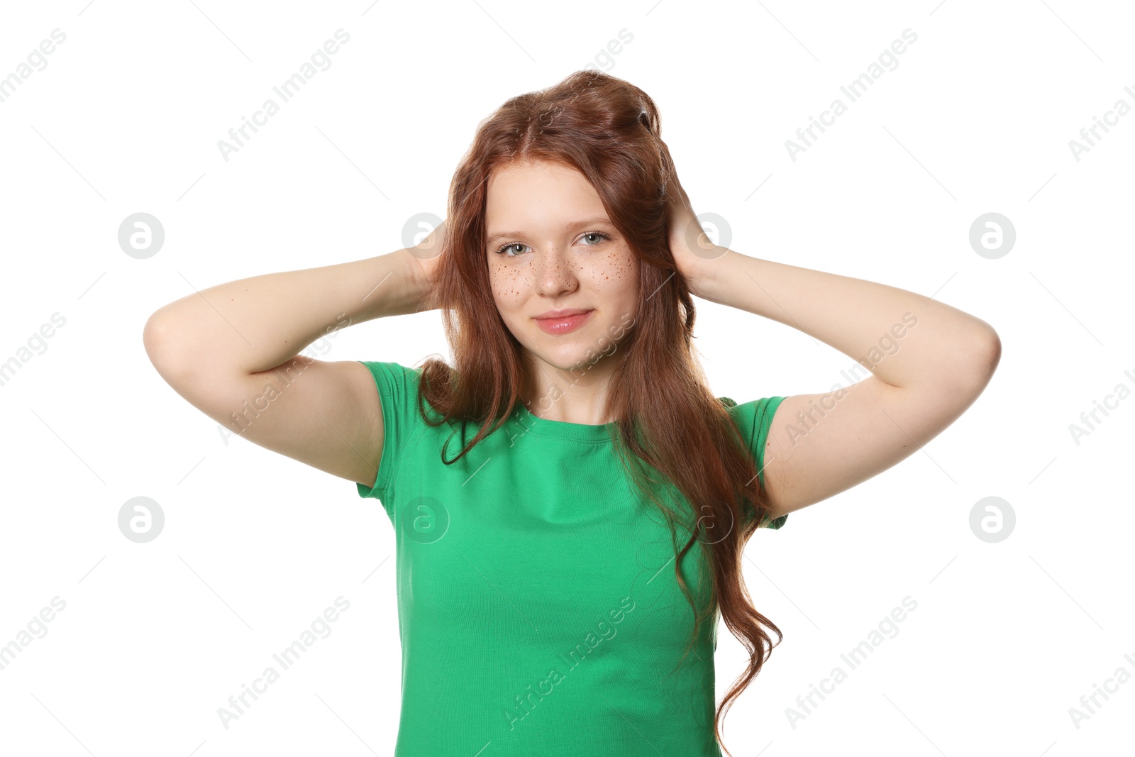 Photo of Beautiful teenage girl with freckles on white background