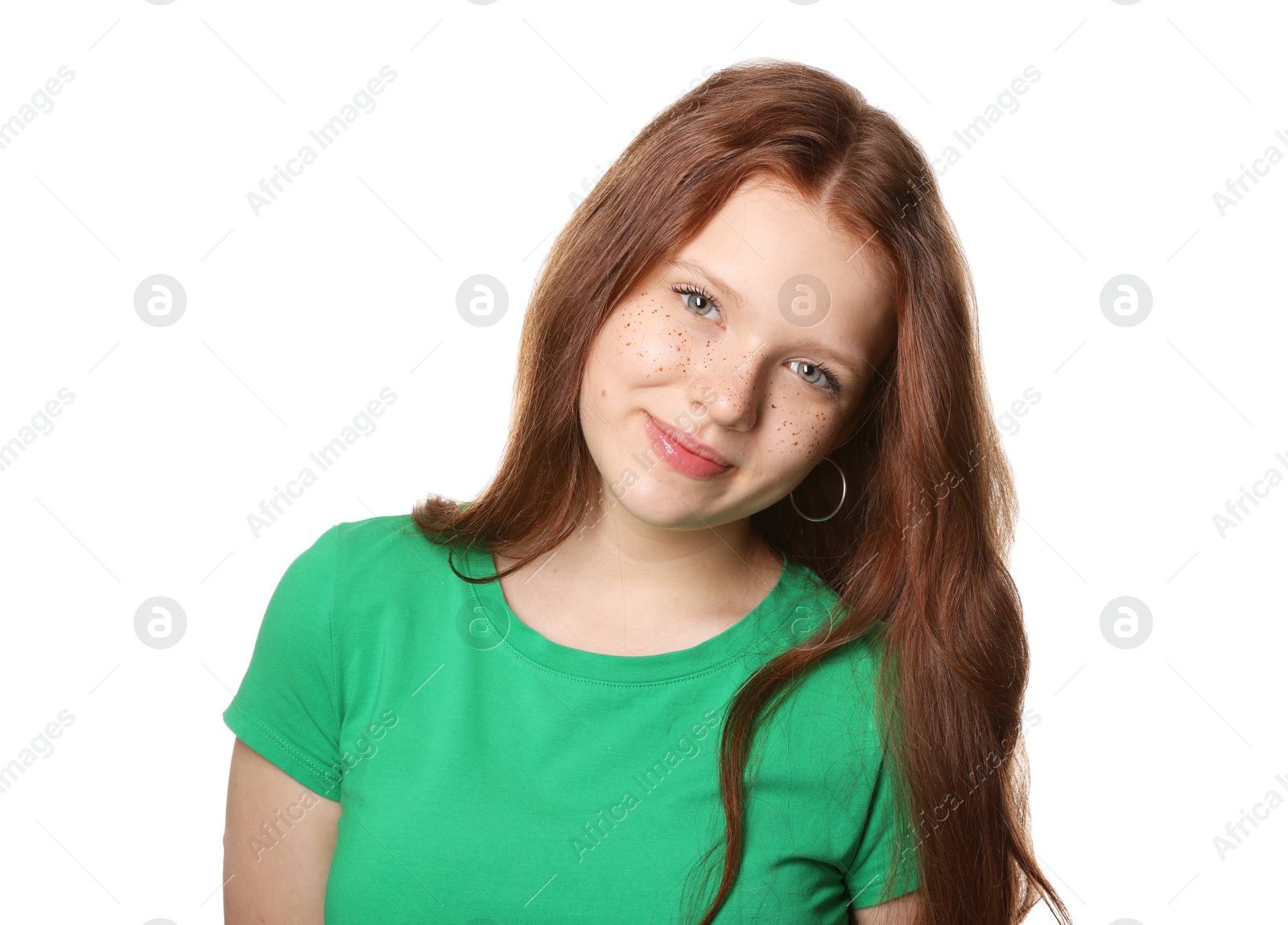 Photo of Beautiful teenage girl with freckles on white background