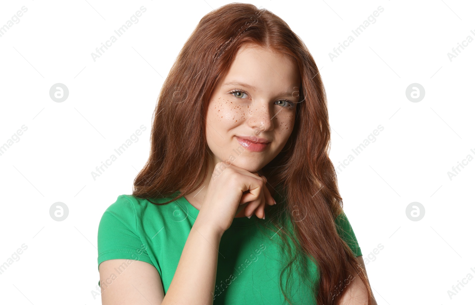 Photo of Beautiful teenage girl with freckles on white background