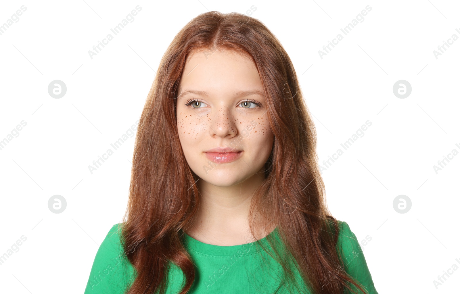 Photo of Beautiful teenage girl with freckles on white background