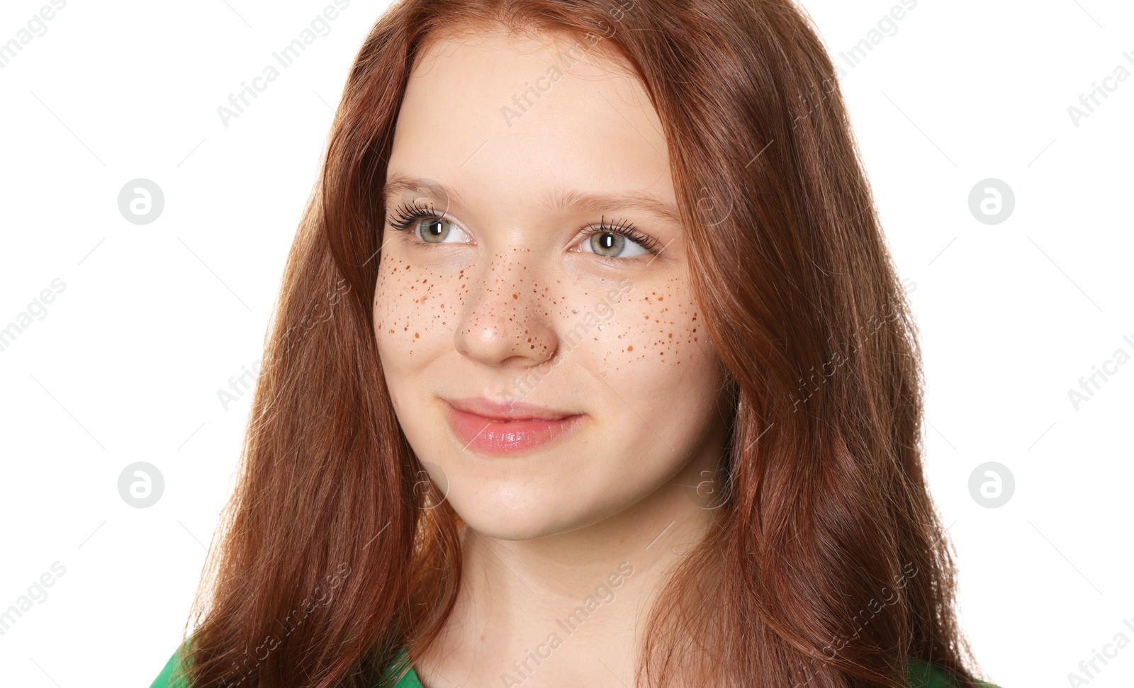 Photo of Beautiful teenage girl with freckles on white background